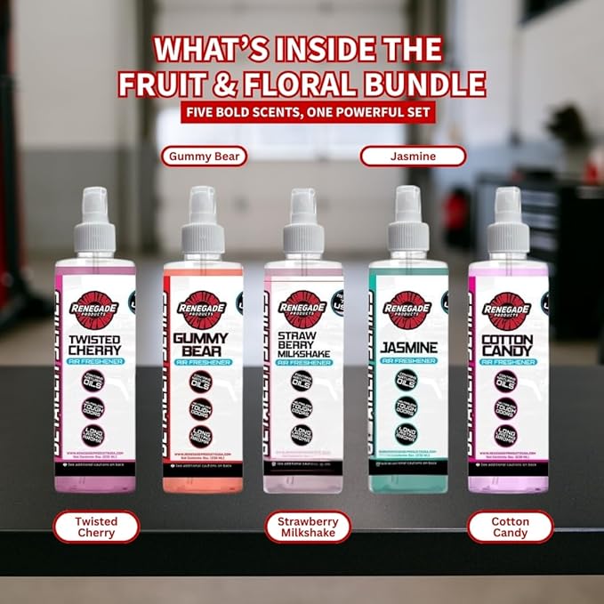 Renegade Products Fruit &amp Floral Air Freshener Bundle – 5-Pack Spray Set for Cars Trucks &amp Home – Includes Jasmine Strawberry Twisted Cherry Cotton Candy &amp Gummy Bear