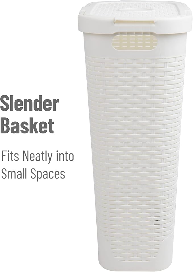 Mind Reader Slim Laundry Hamper with Lid 40L Clothes Basket Narrow Tapered Design with Ventilated Cutout Pattern Plastic White