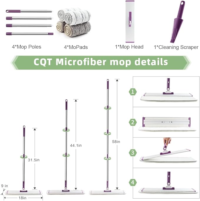 CQT Commercial Flat Microfiber Floor Mop Cleaning System 18 Inch Wet Dry and Dust Hardwood with 4 Washable Pads Cleaner for Laminate Tile Stainless Steel Handle and Extension (PT13-WET)