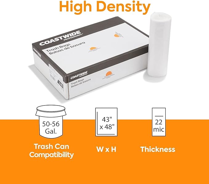 Professional 50-56 Gallon Trash Bag 43 x 48 High Density 22 mic Natural 150 Bags/Box
