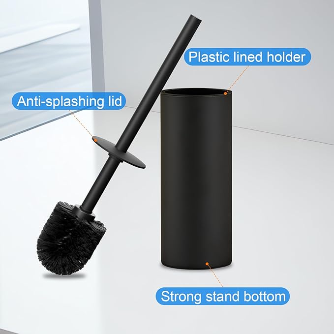 304 Stainless Steel Toilet Bowl Brush and Holder Set Circular Floor Toilet Brush Holder Long Handle Bathroom Heavy-Duty Cleaner High-End Cylinder Wall2 Brush Head (Black) YIGUANXIN
