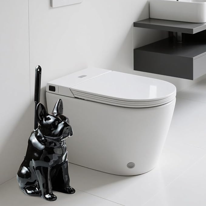 Toilet Brush Holder Set for Bathroom Cute Dog Base Solidly Toilet Bowl Brush Holder and Decorative Bathroom Ceramic Cleaning Kit with Brush and Holder (Black)