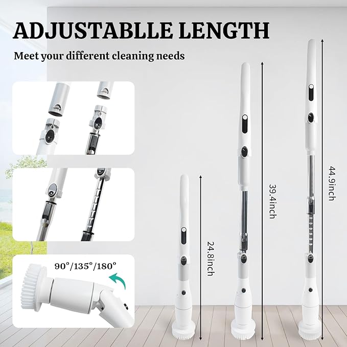 Electric Spin Scrubber with LCD DisplayShower Scrubber with Long HandleCordless Power Cleaning Brush with 8 Brush Heads Electric Scrubber for Bathroom Kitchen CleaningIPX7 Waterproof