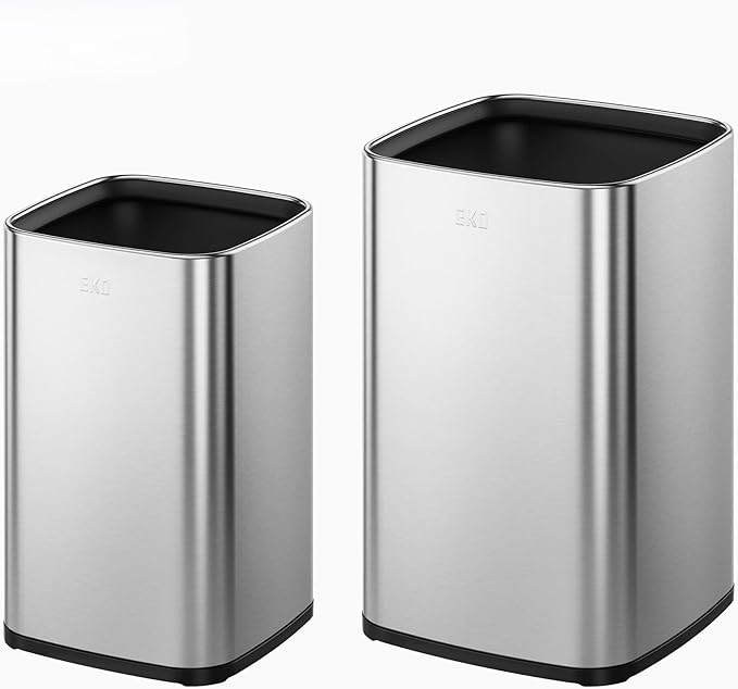 EKO 2-Pack Open Top Trash Can with Removable Inner Basket Square Small Garbage Can 1.8 + 3.2 Gallon Wastebasket Combo for Kitchen Bathroom Office Home (Stainless Steel)