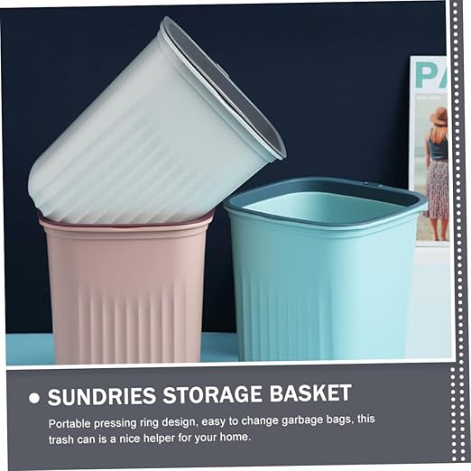 PRETYZOOM 3pcs Small Trash Can Set Simple Design Plastic Waste Basket for Kitchen Office and Home Easy to Use with Pressing Ring Blue Pink and White