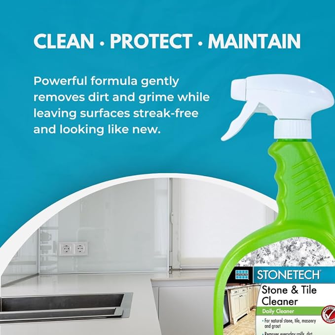 StoneTech Stone &amp Tile Cleaner Spray – Daily Cleaner for Granite Marble Ceramic Porcelain &amp Stone – Removes Spills Dirt &amp Grease – pH Neutral - 2-Pack 24oz each + 2 Microfiber Cloths