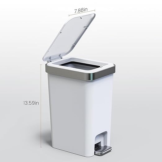 Small Bathroom Trash Can with Lid Soft Close 10 Liter/2.6 Gallon Slim Garbage Can-Metal Step and Press top Lid Mini Modern Waste Basket for Toilet Office BedroomDormGrayish-White