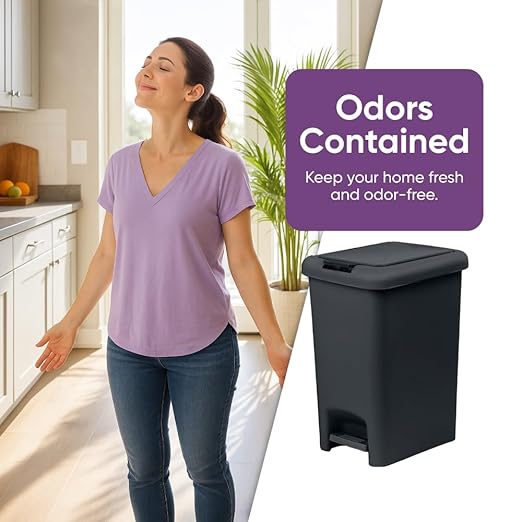 Superio 6.5L Slim Step &amp Push Trash Can - Dual Opening Smooth Matte Finish Durable Plastic (9.5x7x11.5) - Black