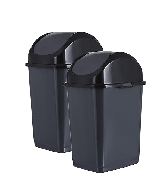 Superio Small 2.5 Gallon Plastic Trash Can with Swing Top Lid Compact Slim Waste Bin for Under Desk Office Bedroom Bathroom Dorm Room 10 Qt. Portable Garbage Can (Dark Grey 2 Pack)