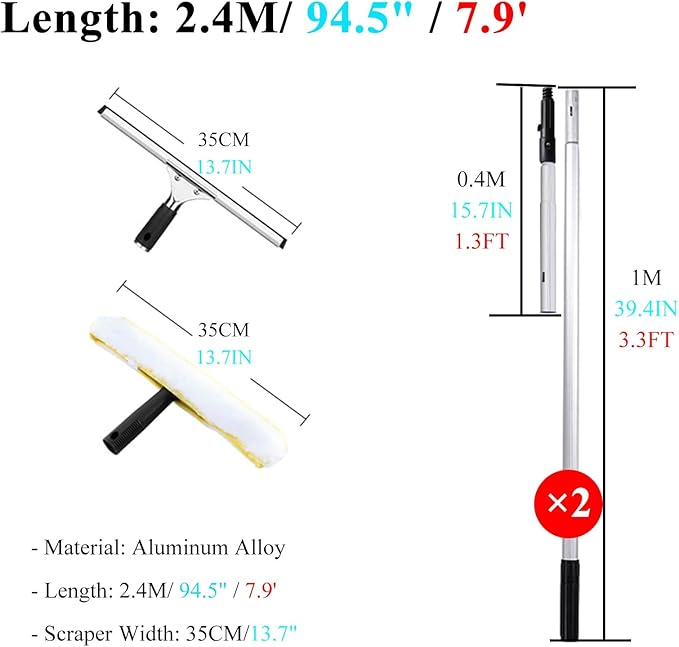Window Cleaner Tool for High Windows 33 26 20 14 Feet 8 5 Ft Professional Extendable Cleaning Tool Kit/Telescopic Poles Bars for Indoor Outdoor Washing Glasses with Squ2.4m/94.5in/7.9ft