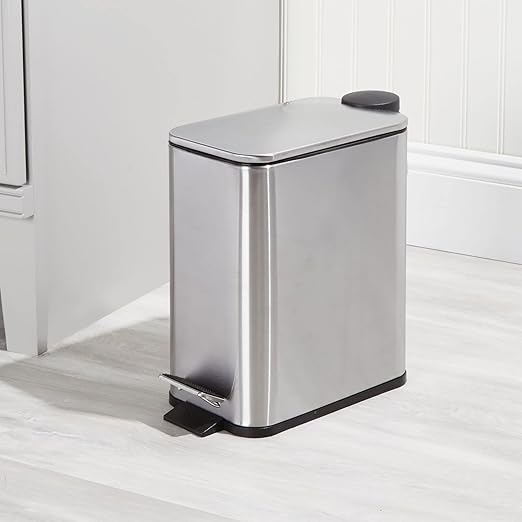 mDesign Slim Metal Rectangle 1.3 Gallon/5 Liter Trash Can with Step Pedal Easy-Close Lid Removable Liner - Narrow Wastebasket Garbage Container Bin for Bathroom Bedroom - Brushed Stainless Steel