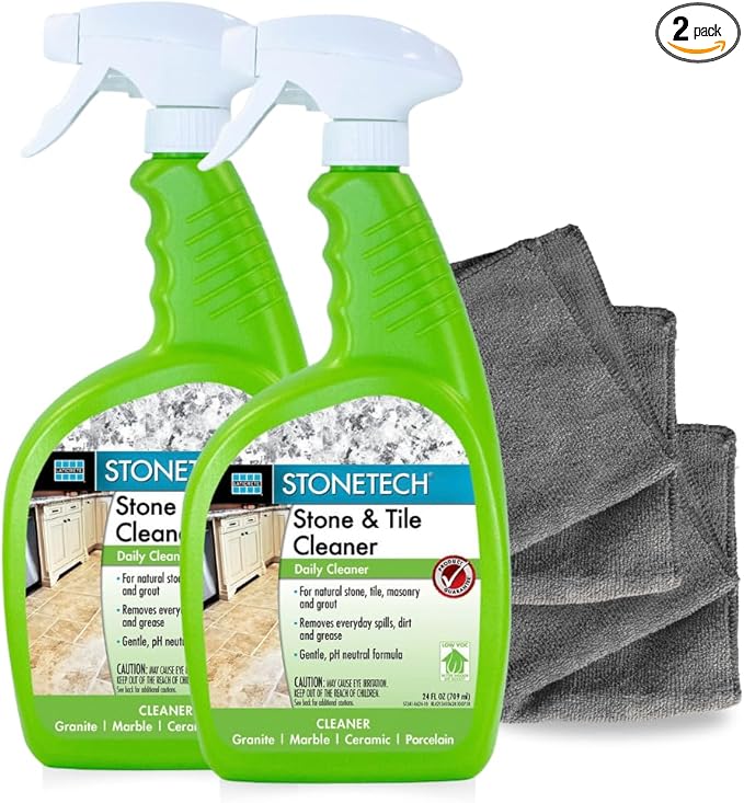 StoneTech Stone &amp Tile Cleaner Spray – Daily Cleaner for Granite Marble Ceramic Porcelain &amp Stone – Removes Spills Dirt &amp Grease – pH Neutral - 2-Pack 24oz each + 2 Microfiber Cloths