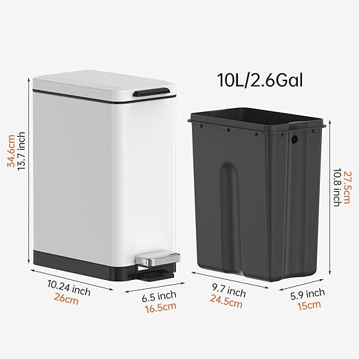 Mbillion Bathroom Trash Can with Lid Slim Stainless Steel Small Bathroom Garbage Can 10 Liter 2.6 Gallon Soft Close Step Pedal Slim Wastebasket for Toilet Office Bedroom White