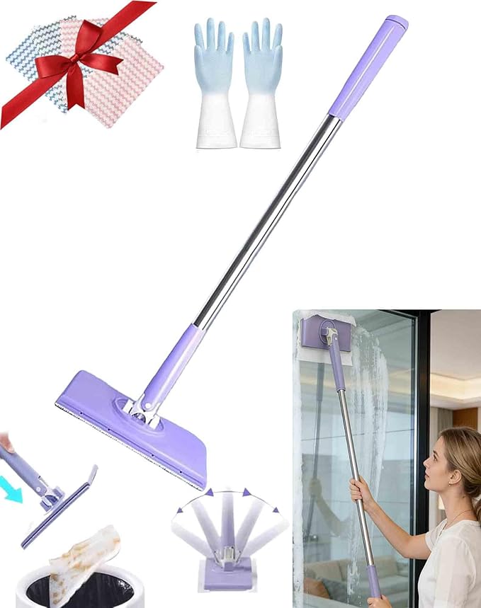 Disposable Dust Mop 28/36in No Wash Lazy Mop Wet and Dry Snap Grip Mini Mop 360° Zero Touch Mini Mops Convenient Automatic Cloth Changing Mops with 5 Reusable Cloths for Home (Purple 28in)
