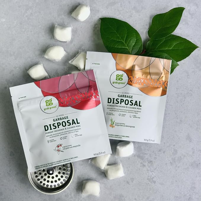 Grab Green Garbage Disposal Freshener and Cleaner Pods 48 Count Thyme Fig Leaf Scent Plant and Mineral Based Removes Odors Loosens Grime Prevents Clogging