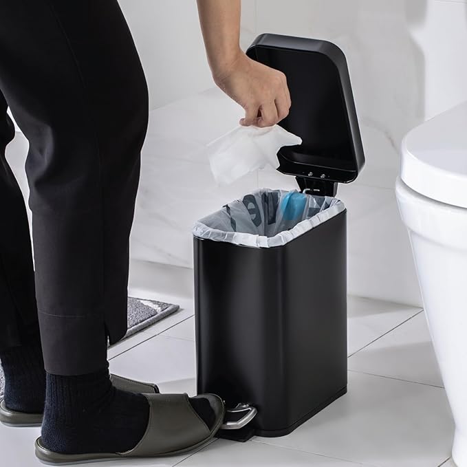 Home Zone Living 1.3 Gallon Small Bathroom Trash Can with Lid and Step Pedal Stainless Steel Wastebasket with Slim Design for Home and Office Matte Black 5 Liters