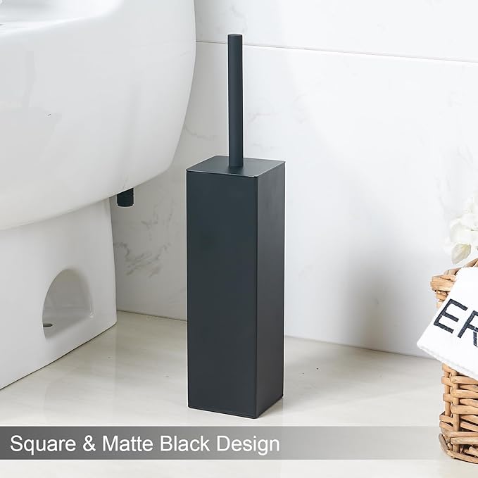 Matte Black Square Stainless Steel Toilet Brush with Holder 304 Modern Toilet Brush Set – Rust Resistant Long Handle Replacement Heads Floor Standing Bathroom Toilet Cleaning Brush