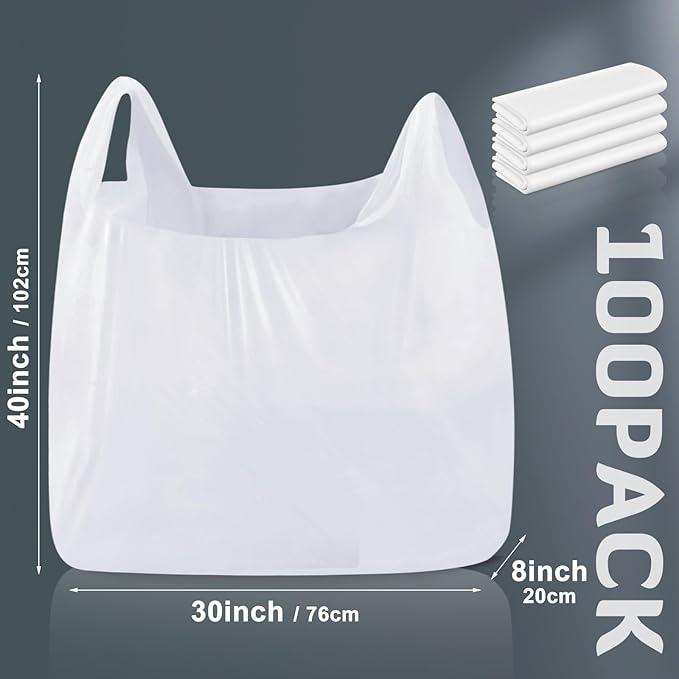 100 Pack 40 x 30 x 8 Extra Large White Plastic Shopping Bags(0.8 Mil Thick) Reusable Heavy Duty Large T-shirt Grocery Bags Bulk with Handles for Restaurant Retail Business