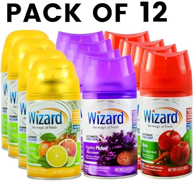 12 WIZARD AUTOMATIC SPRAY REFILLS 5 oz VARIETY PACK 4 EACH TROPICAL CITRUS-FRESH PICKED LAVENDER-APPLE CINNAMON