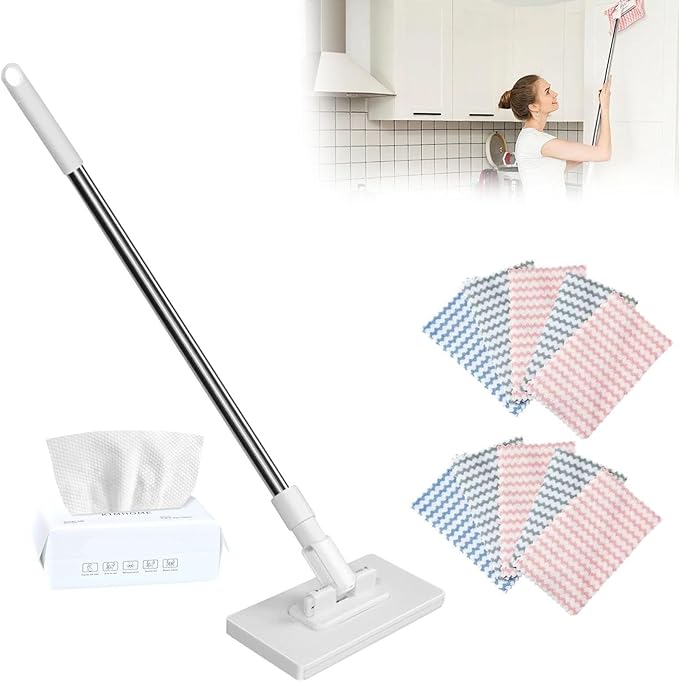 Snap Grip Mini Mop Lazy Mops with One-Click Cloth Change Locking Head with Sweeping Cloths for Wet &amp Dry Cleaning Long Handle Stick for Multi-Surface Cleaning(White 1 mop 10 Cloth)