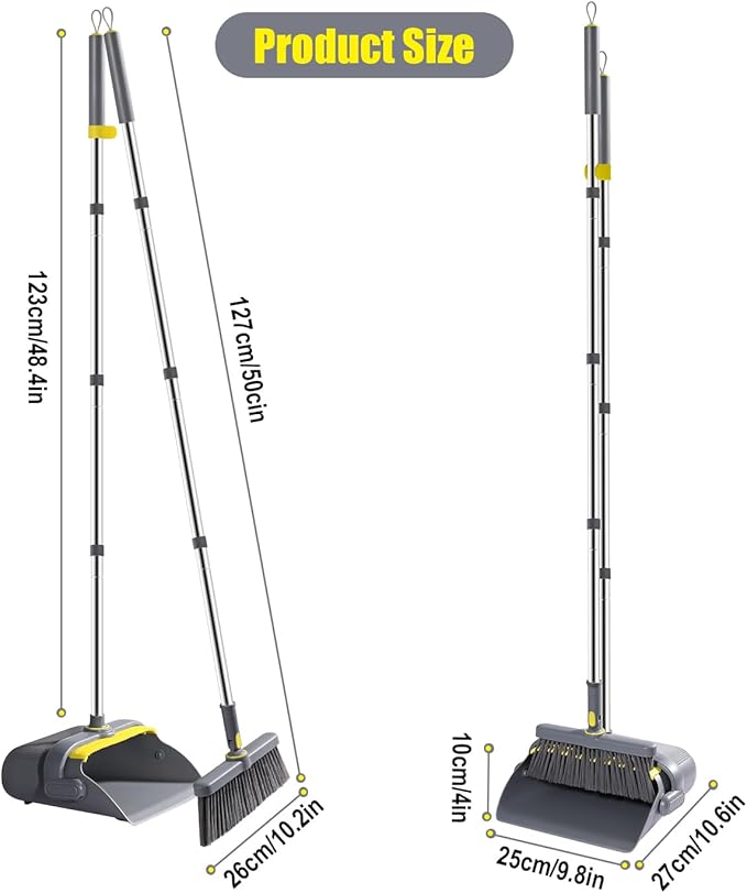 Broom and Dustpan Set with 54 Long Handle Windproof Stand-Up Dustpan &amp Broom Combo with 8-Piece Cleaning Tool Kit for Home Kitchen Office &amp Pet Hair Cleaning