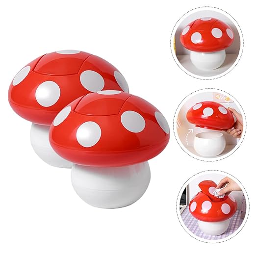 Luxshiny 2Pcs Cute Mushroom Desktop Trash Can Litter Bin with Lid Space Saving Wastebasket for Office Kitchen Bedroom Easy to Clean No Odor Home Decor