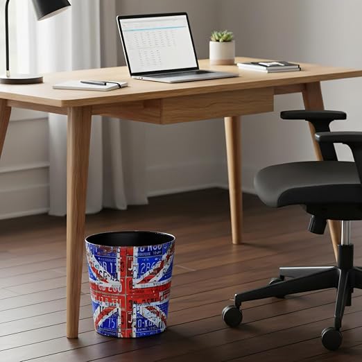 PU Leather Small Trash Can Wastebasket Round Garbage Container Basket for Bathrooms Laundry Room Kitchens Offices Kids Rooms BedroomsDormsHome Decorative Art Bin 2.9 Gallon (Union Jack)