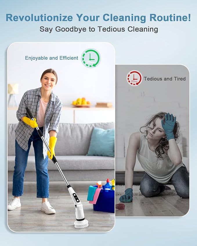 IEZFIX Electric Spin Scrubber Bathroom Power Shower Scrubber Cleaning Brush for Tub/Tile/Floor/Toilet/Kitchen 8 Cleaner Scrub Brush Heads 3 Speeds 450RPM Max Telescopic Rod Black