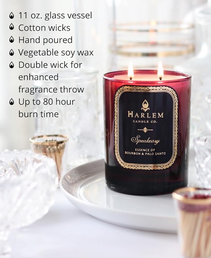 HARLEM CANDLE CO. Speakeasy - Luxury Scented Soy Candle 11 oz - 80-Hour Burn Time | Palo Santo Cardamom Incense Bourbon Tobacco and Patchouli | Scented Candles for Home
