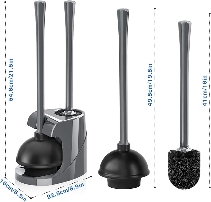 Toilet Plunger and Brush Bowl Brush and Heavy Duty Toilet Plunger Set with Ventilated Holder 2-in-1 Bathroom Cleaning Combo with Modern Caddy Stand for 5.7-inch Toilet Drain(Grey 2 Set)