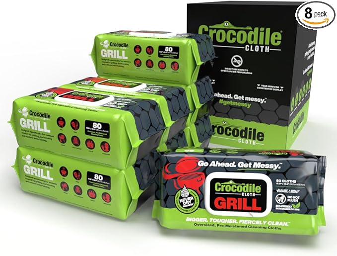 Crocodile Cloth Grill Wipes 640 Count (8 Packs) – Extra-Large 15” x 10” Plant-Based Cleaning Cloths Safe on Skin &amp Surfaces Pre-Moistened with Aloe &amp Vitamin E