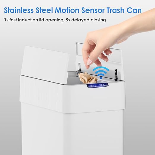 TLSUNNY 13.2 Gallon Automatic Trash Can Stainless Steel Motion Sensor Garbage bin Smart Trash Can W/Butterfly Lid Bag Retainer Ring and Display Light for Living RoomKitchenOffice (White 50L)