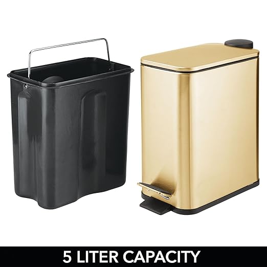 mDesign 1.3 Gallon Rectangular Slim Metal Trash Can w/ Foot Pedal Easy-Close Lid Narrow Wastebasket Garbage Container Bin - Bathroom Bedroom Kitchen Home Office Removable Liner- Soft Brass