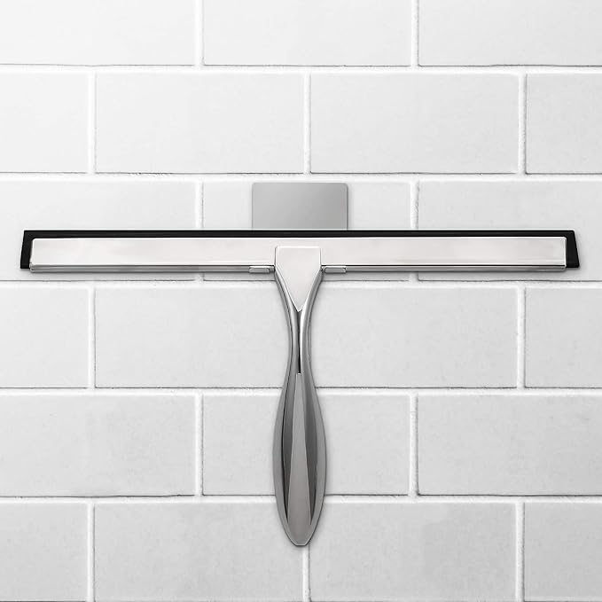 Simtive 12-Inch Shower Squeegee Set Includes Shower Door Hook and Adhesive Hook Squeegee for Shower Doors Mirror and Window Silver