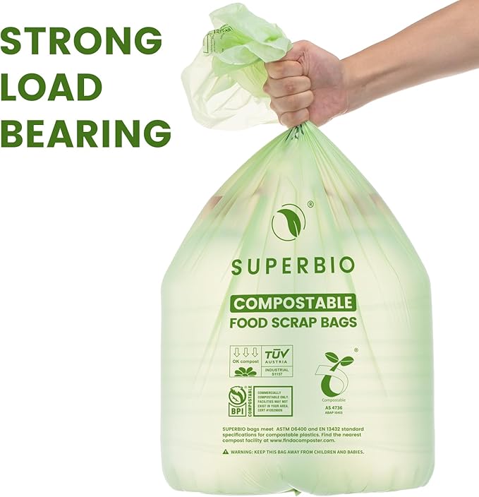 SUPERBIO 13 Gallon Flat Top Compostable Food Waste Bags 50 Count 2 Pack 49.2L 0.87 Mil ASTM D6400 BPI and OK compost INDUSTRIAL