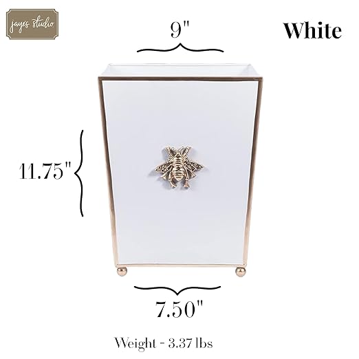 Jaye's Studio Regency Line Square Wastebasket &amp Garbage Bin Hand-Painted Metal Trash Bin for Bedroom Office Bathroom 9 x 9 x 12 (White Gold Bee)