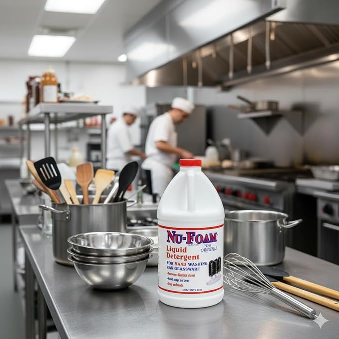 Nu-Foam Liquid Detergent for Bar Glassware – Original Streak-Free Solution - Hand Washing Bar Tavern Brewery Supplies - Spotless Serving Glasses - Concentrated Formula - Easy On Hands - 64oz Jug
