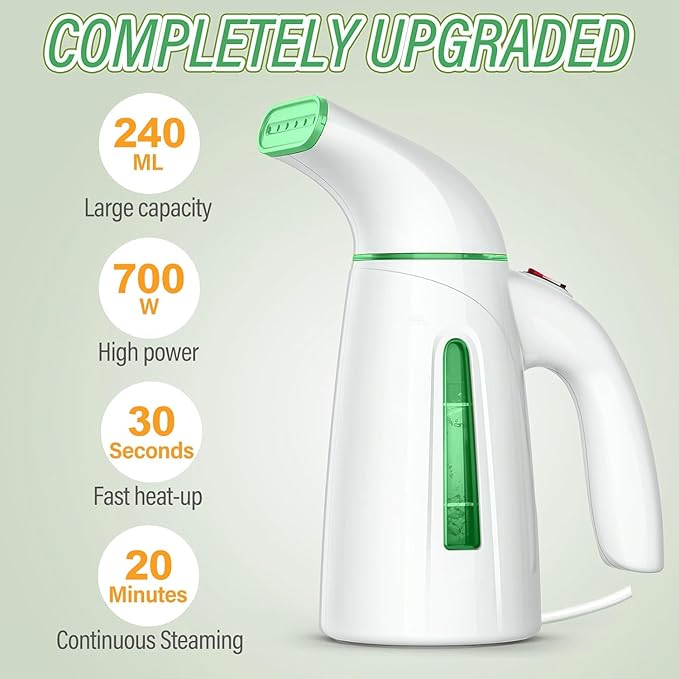 OGHom Steamer for Clothes Portable Handheld Clothing Garment Steamer 240ml Large Capacity 700W Travel Steam Iron 30 Second Fast Heat Up (Soft Green)