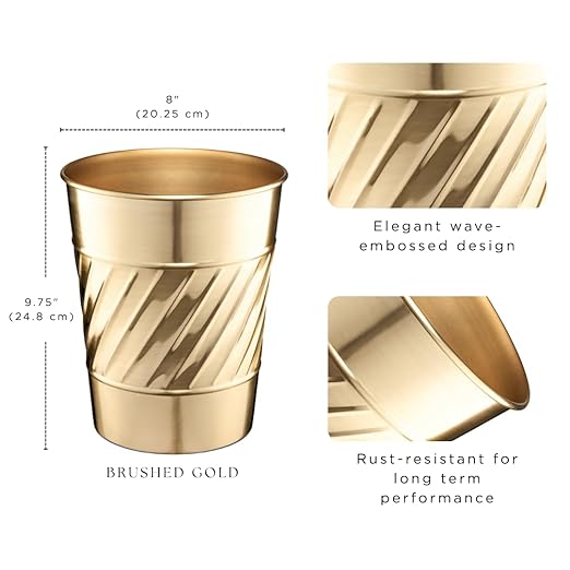 Monarch Abode Metal Bathroom Trash Can – Waste Basket for Bedroom Office Desk &amp Dorm Handcrafted Wave Embossed Durable Decorative Brushed Gold Small Trash Can Bathroom Garbage Bin Wastebasket