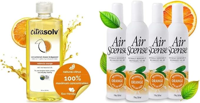Citra Solv &amp Air Scense | Special Bundle | Concentrated Cleaner &amp Degreaser 8 fl oz| Essential Oil Air Freshener 7 fl oz 4 PK| Household Cleaner Non-Aerosol | Valencia Orange &amp Orange