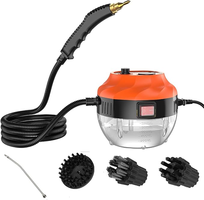 Handheld Steam Cleaner Machine 1600W High Temperature Pressurized Steam Cleaner include Extended curved rod nozzle with 3 Brush Heads Deep Cleaning of Bathroom Cleaning Floor (Color : Orange)
