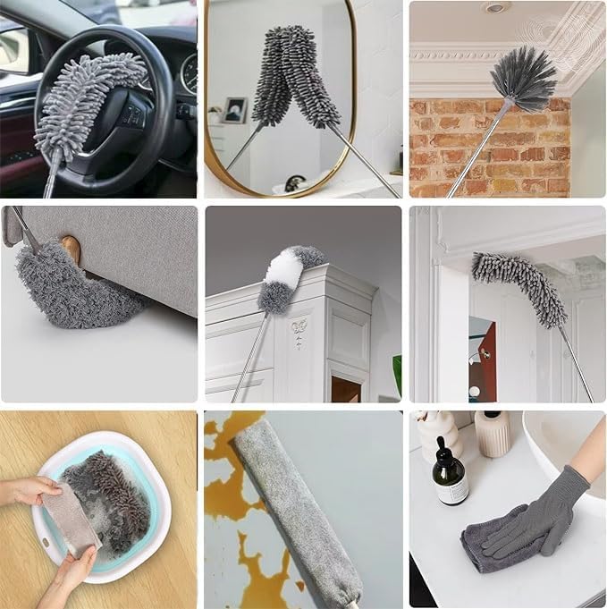 Extension Crevice Duster Microfiber dusting Cloth Retractable Handle Bendable Head Crevice Duster Cleaning Tool Set Suitable for Furniture top and Bottom Blinds etc.(5-Piece Set1.4m Pole)