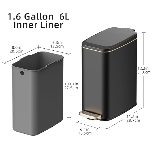KUK Slim Bathroom Trash Can with Lid 1.6 Gal / 6L Stainless Steel Small Garbage Bin with Detachable Inner Bucket Step Pedal Silent Close Wastebasket for Toilet Bedroom Home Office (Black)