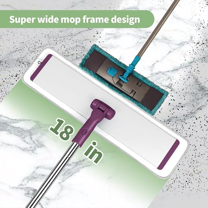 CQT Commercial Flat Microfiber Floor Mop Cleaning System 18 Inch Wet Dry and Dust Hardwood with 4 Washable Pads Cleaner for Laminate Tile Stainless Steel Handle and Extension (PT13-WET)