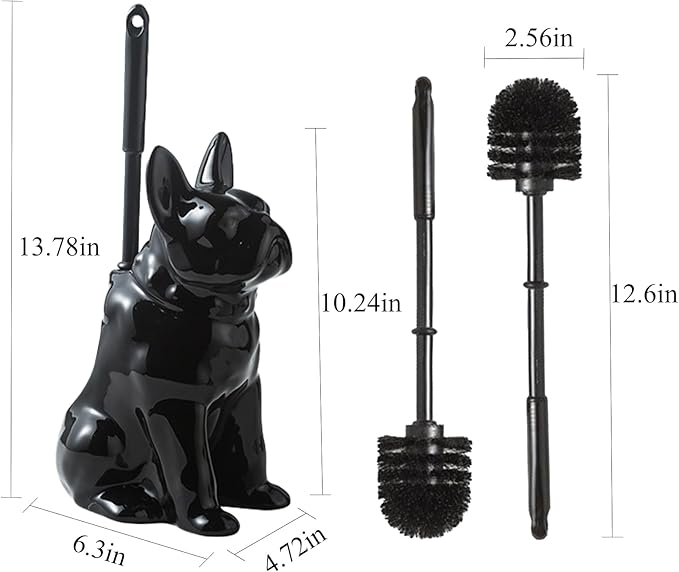 2026 Ceramic Dog Toilet Brush Holder Set French Bulldog Design with 2PCS Durable Plastic Brush Modern Bathroom Accessories (Black)