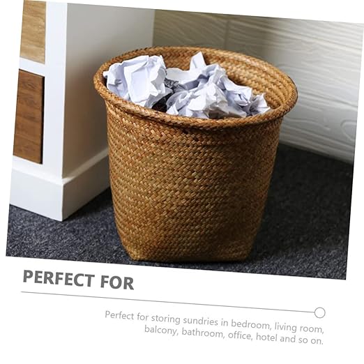 Kichvoe Seagrass Trash Can 2pcs Round Wicker Waste Basket Boho Woven Garbage Bin Laundry Hamper Basket Rattan Plant Pot Cover for Kitchen Bathroom Home Office