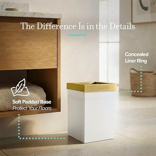 Gatco Small Bathroom Trash Can with Lid Square 3 Gallon Stainless Steel Wastebasket Under Sink Matte Pearl and Brushed Brass for Bathroom Bedroom Office (1935B)