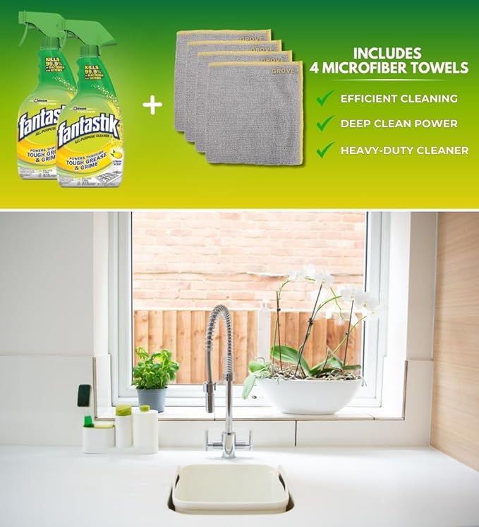 Fantastik Lemon Scent Multi-Purpose Cleaner Spray 32 oz Bundle with Microfiber Cloth - Multi-Surface Cleaner - Removes Grease &amp Grime - Leaves a Fresh Clean Finish - (6 Items)