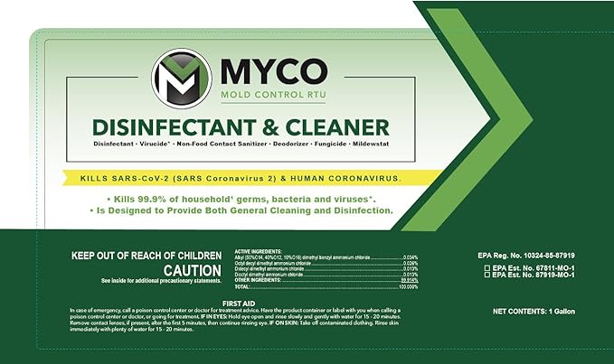 Myco Mold Control RTU – Ready-to-Use EPA-Registered Hospital Grade Disinfectant &amp Cleaner Quat Formula for Mold Remediation &amp Bacteria Control Commercial &amp Residential Use 1 Gallon