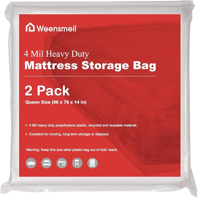 Mattress Bags for Moving and Storage [2 Pack] 4 Mil Mattress Storage Bag Heavy Duty Clear Plastic Bed Mattress Cover for Moving Long-Term Storages and Disposal - Queen Size 76 x 96 Inch